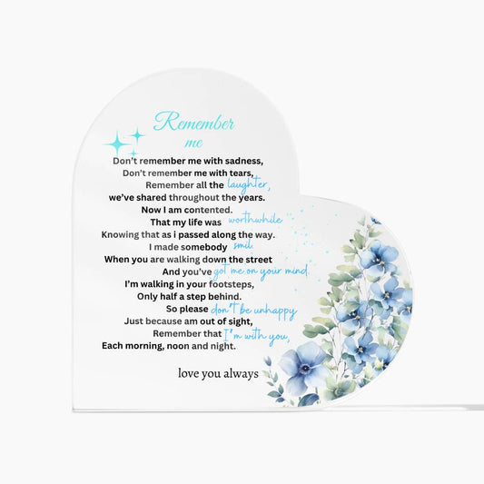 Remember Me | Remember All the Laughter | Printed  Heart Shaped Acrylic Plaque